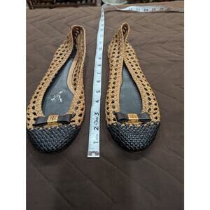 Braided brown Leather Tory Burch slip on flats w/black & gold toe detailing 9.5